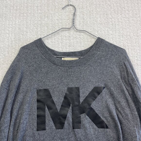 Michael Kors Mens Size L Sweater Gray Black MK Logo Crew Neck Knit Pullover Read - Picture 2 of 14